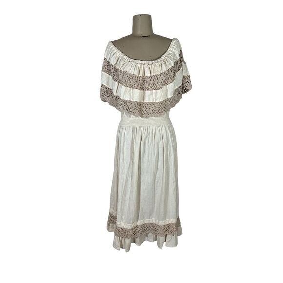 Vintage Monica Richards Boho Mexican Off Shoulder Linen Dress Cottage Ethnic - Picture 2 of 10